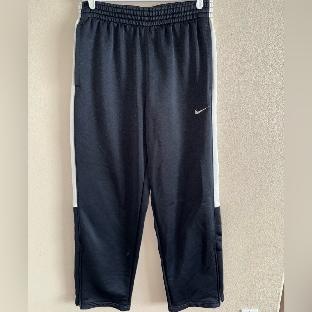 Nike Dri Fit Black Track‎ Pants w/ White Stripes & Zippered Bottoms size Large